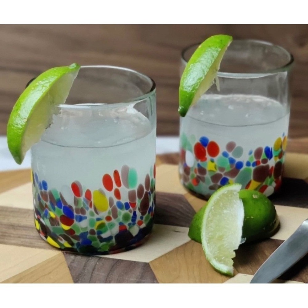 Set of 2 Hand Blown Confetti Art Glass Tumblers Multi Color Pebble Rocks Glasses